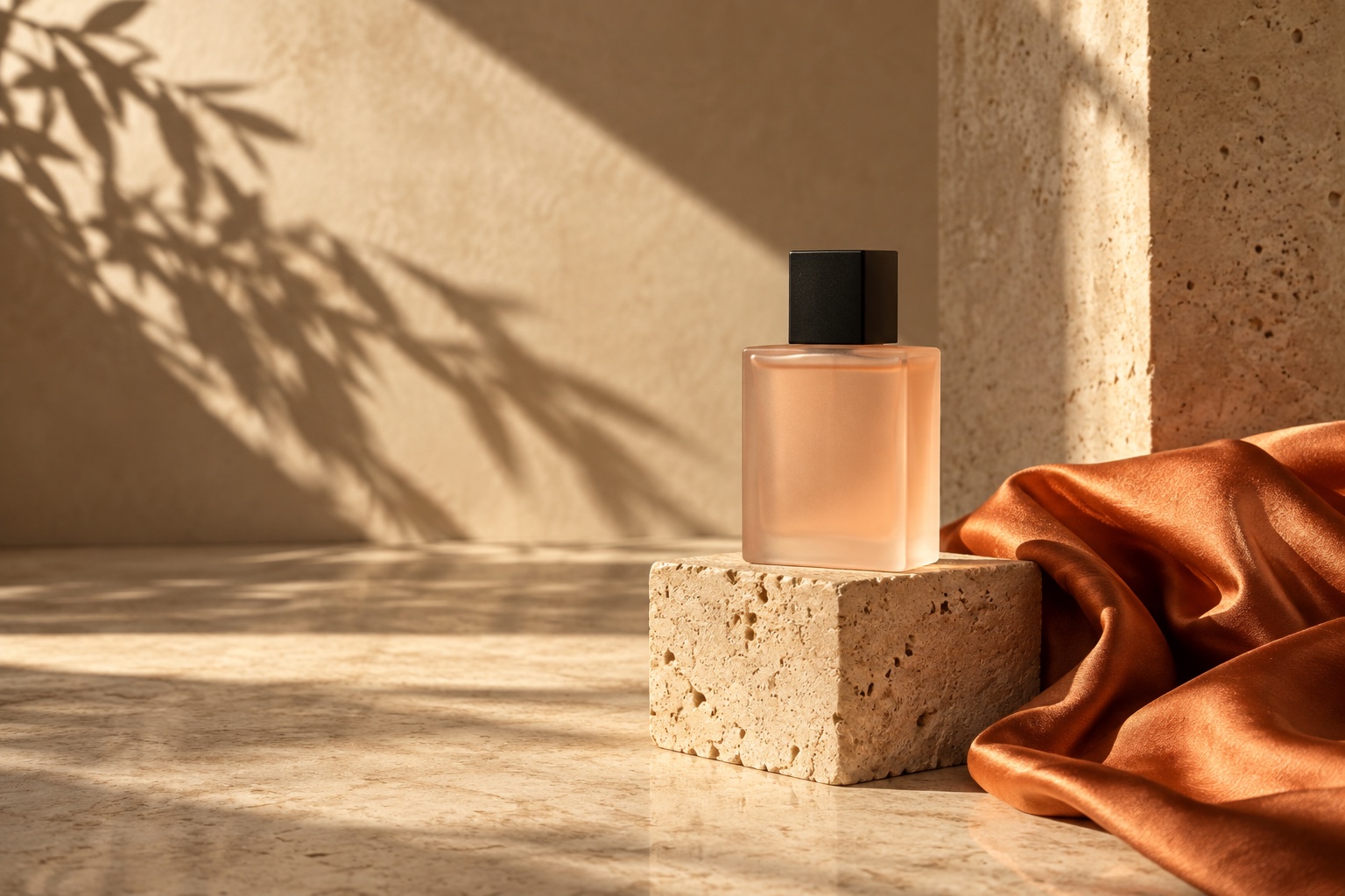 Fragrance concept photographed in sunlight on warm stone